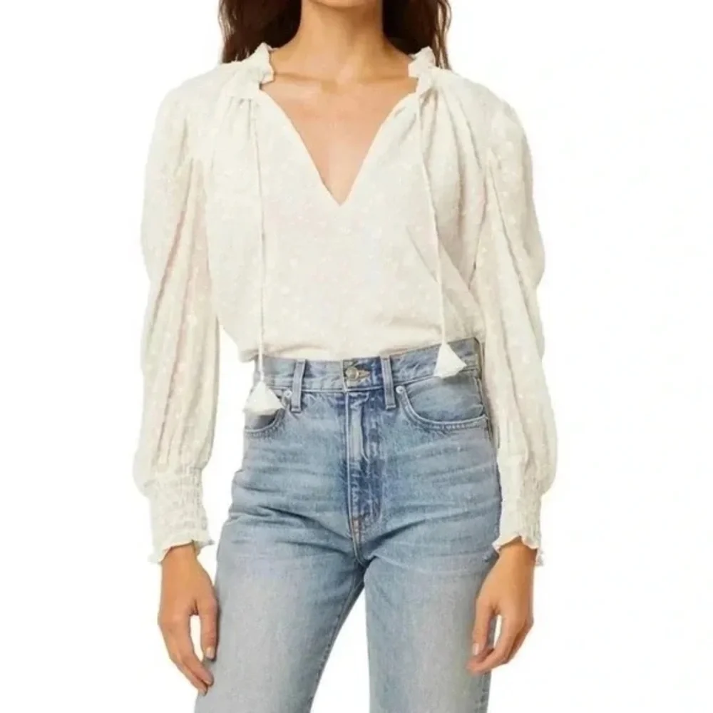 MISA Los Angeles Siena Puff Sleeve Clip Dot Chiffon Blouse White S NWT - Picture 5 of 8